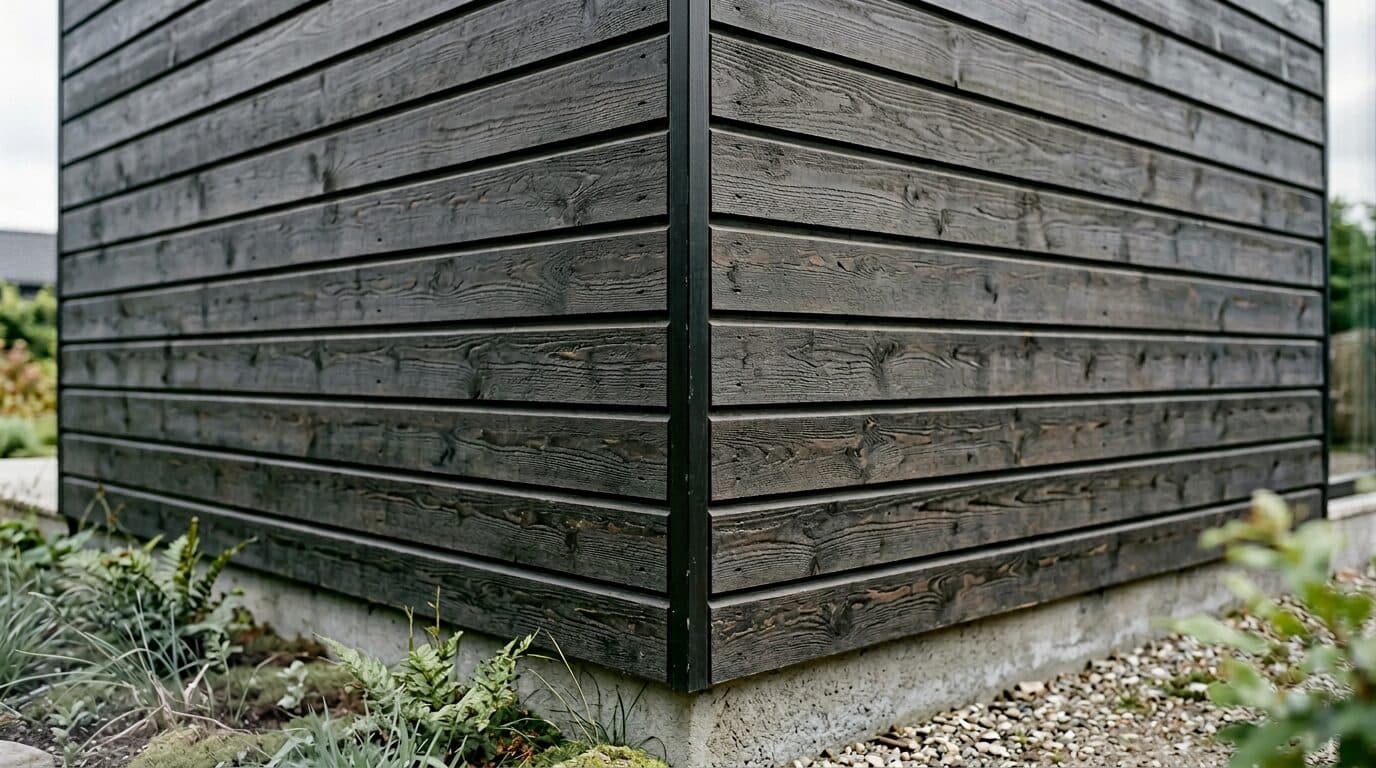 Detalje af vandret træbeklædning med tynd sort liste i hjørnet på moderne dansk facade