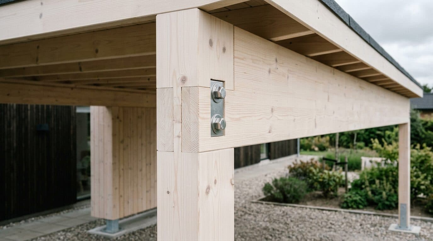 Detalje af moderne carport i lyst konstruktionstømmer med synlig boltsamling