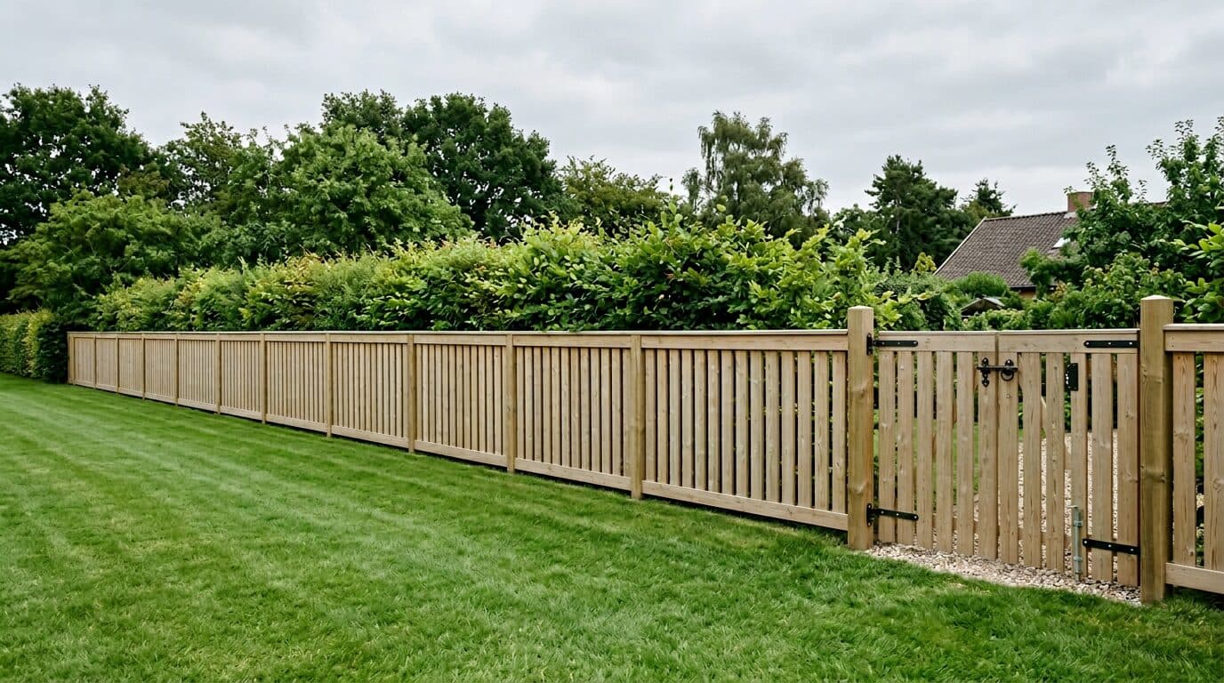 Nyt trylkimprægneret trælæhegn med dobbeltlåge langs dansk haveplæne