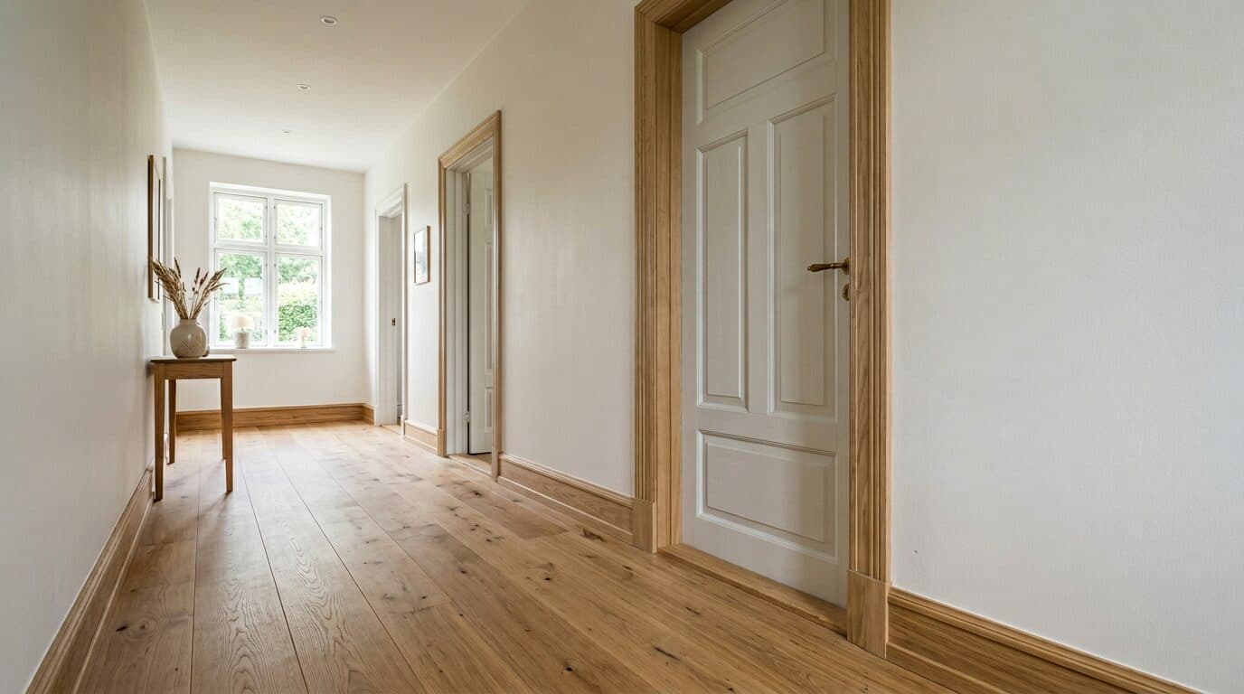 Lys dansk entré med nyt egetrægulv, pæne fodlister og præcise dørkarme