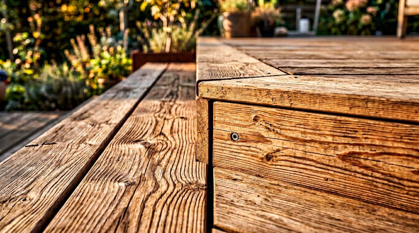Detalje af lærketræsterrasse hvor bræt møder indbygget trin med skjulte beslag