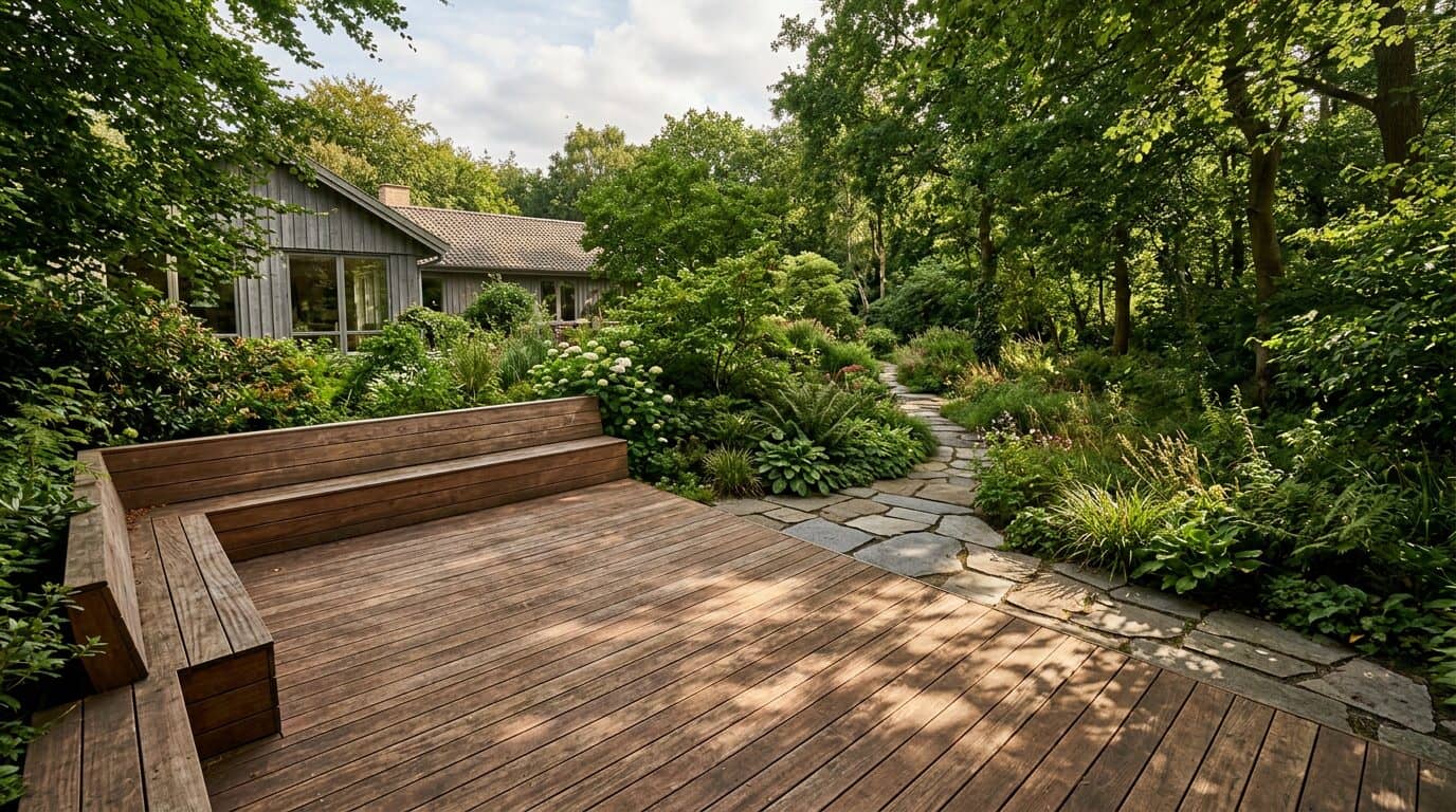 Stor ny træterrasse med indbygget bænk og trappetrin i dansk have – bygget af tømrer i Holbæk